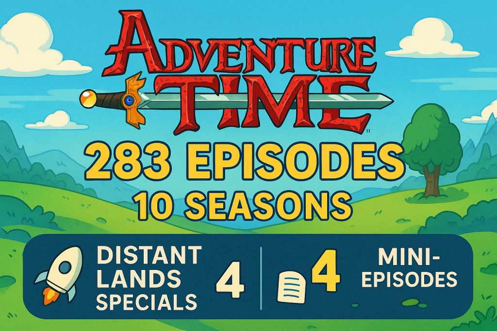 Adventure Time infographic showing total episode count across 10 seasons and specials