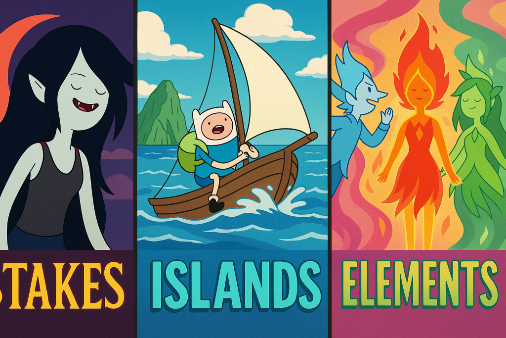 Adventure Time collage featuring key miniseries Stakes, Islands, and Elements