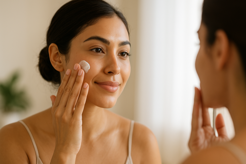 Woman applying moisturizer to face for hydration and barrier repair