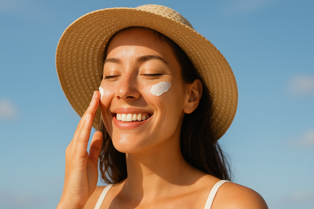 Woman applying sunscreen outdoors for UV protection