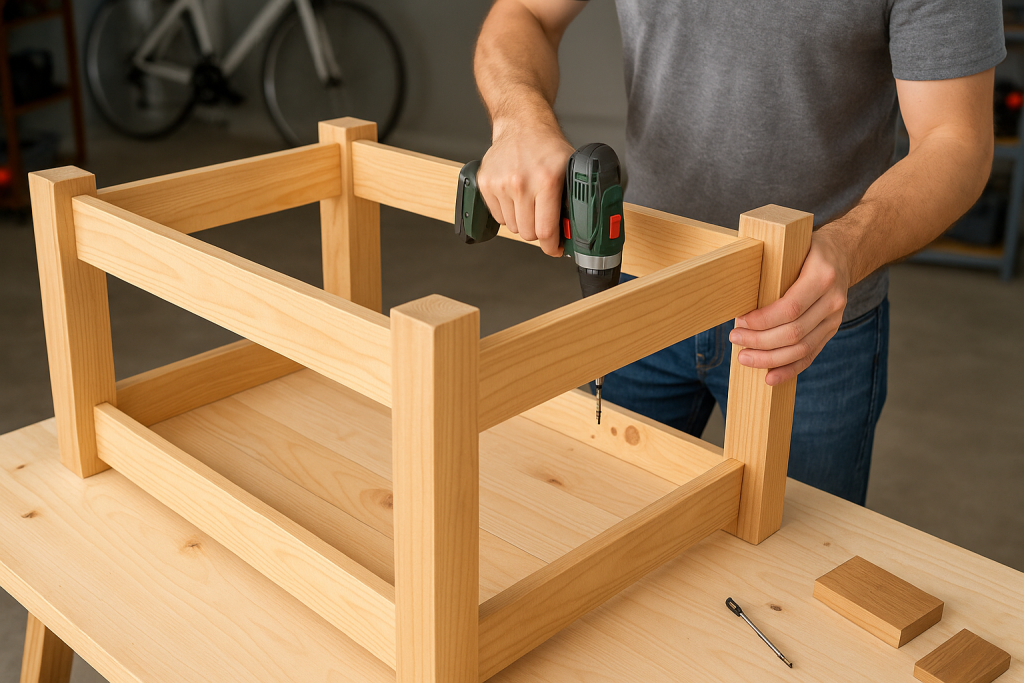 DIY wooden outdoor table frame and legs being assembled with dril
