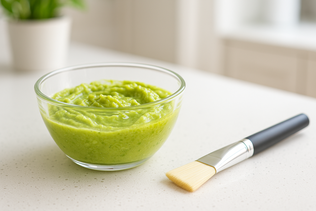 Homemade avocado face mask with honey and olive oil in a bowl