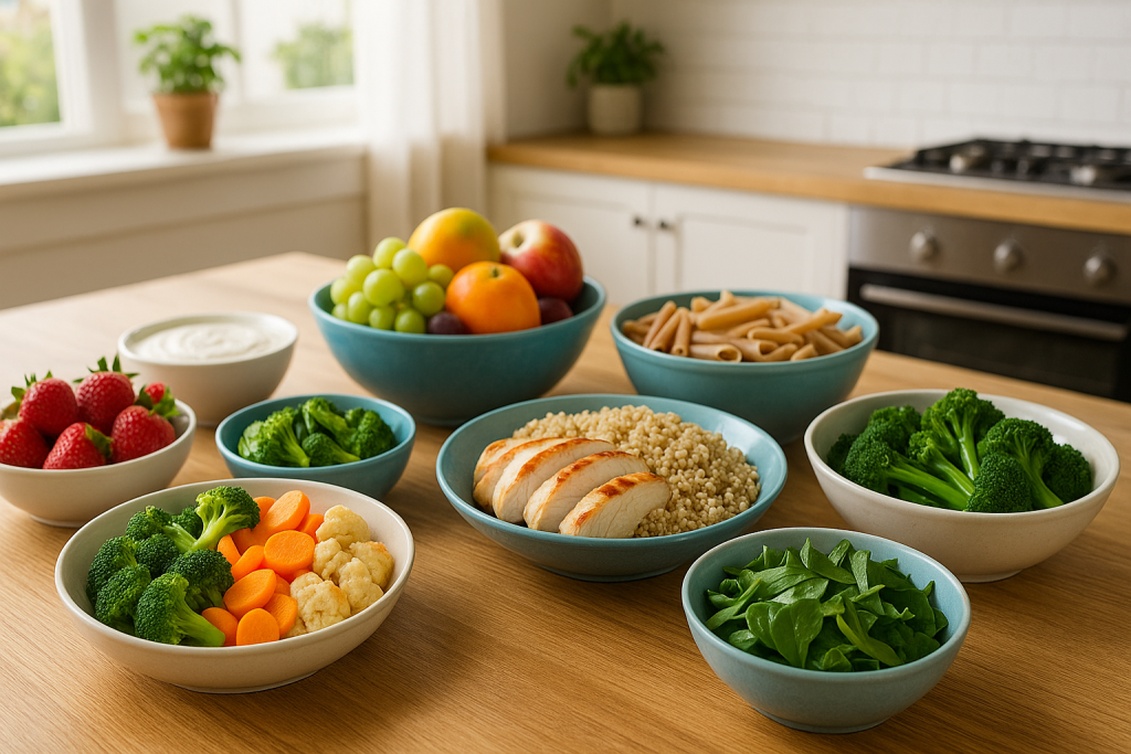 Colorful table with vegetables, fruits, grains, proteins, and dairy for balanced family nutrition