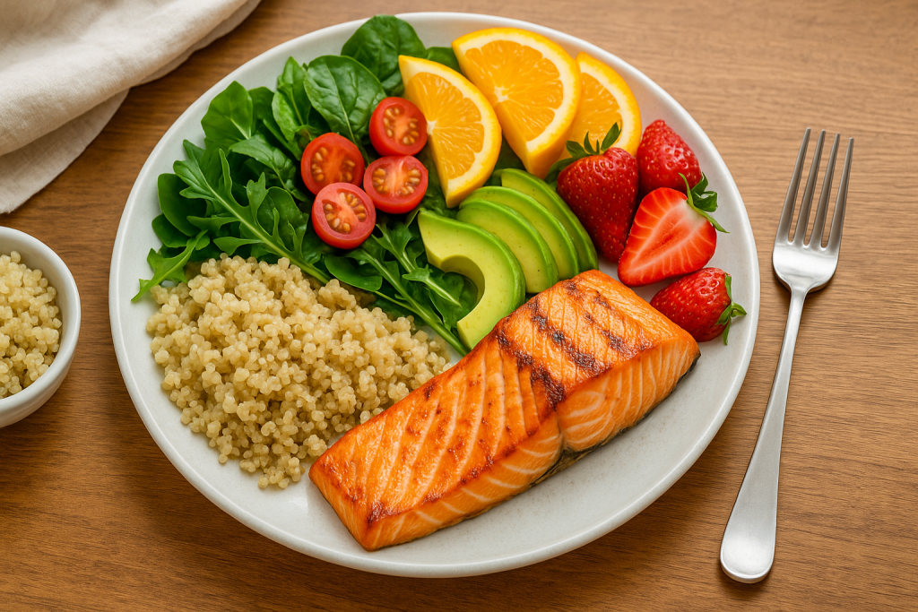 Balanced nutrition meal with salmon, grains, and vegetables