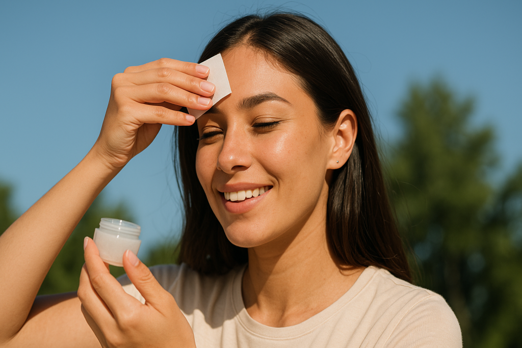 Woman using blotting paper for oily face touch-up