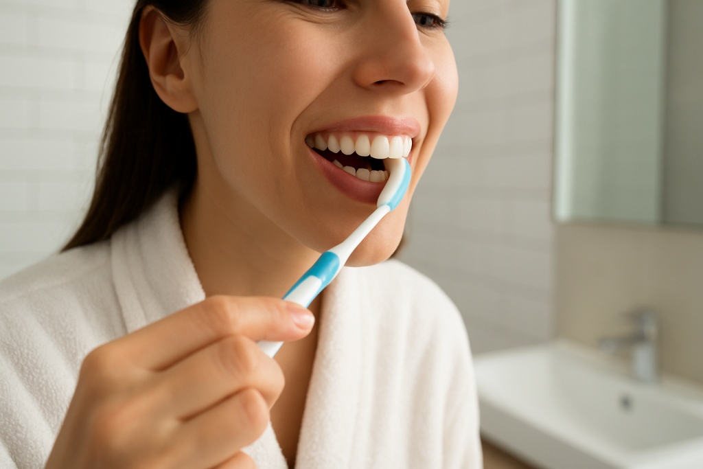 Person brushing teeth correctly at 45-degree angle for healthy gums