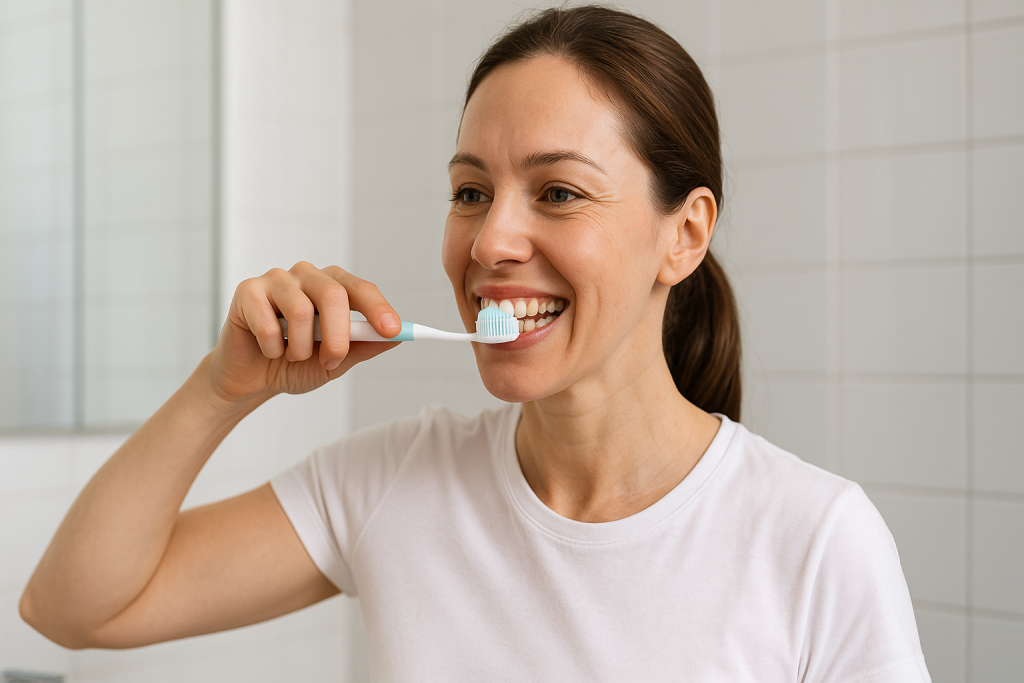 Person brushing teeth correctly with soft-bristled toothbrush at gum line
