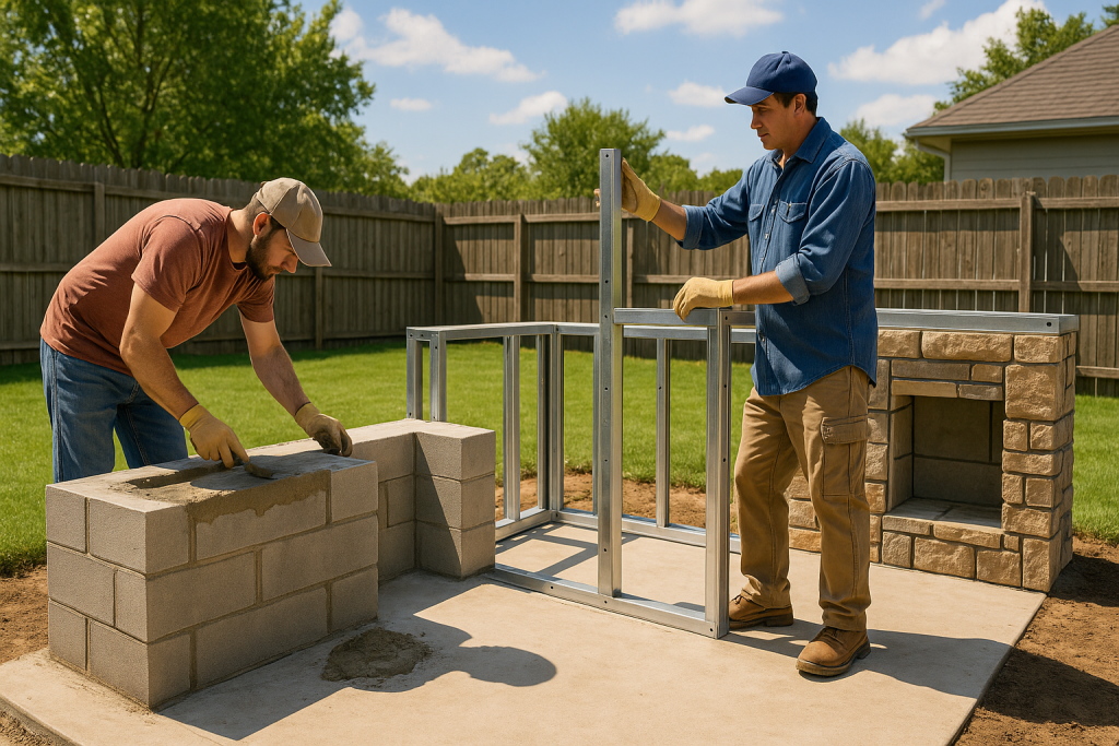 Workers building stone and concrete base for outdoor kitchen.