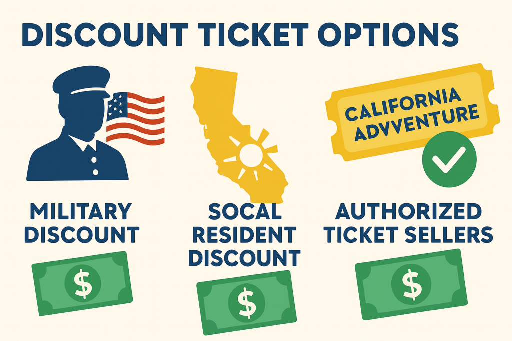 Infographic of California Adventure discount ticket options including military and SoCal resident discounts