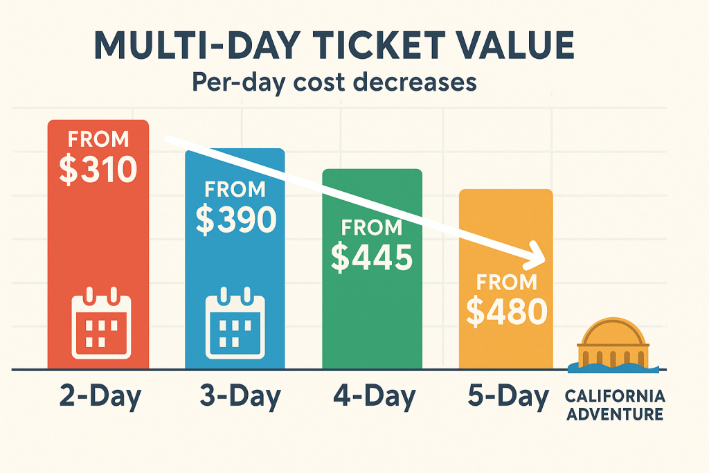 Chart showing California Adventure multi-day ticket prices and per-day savings