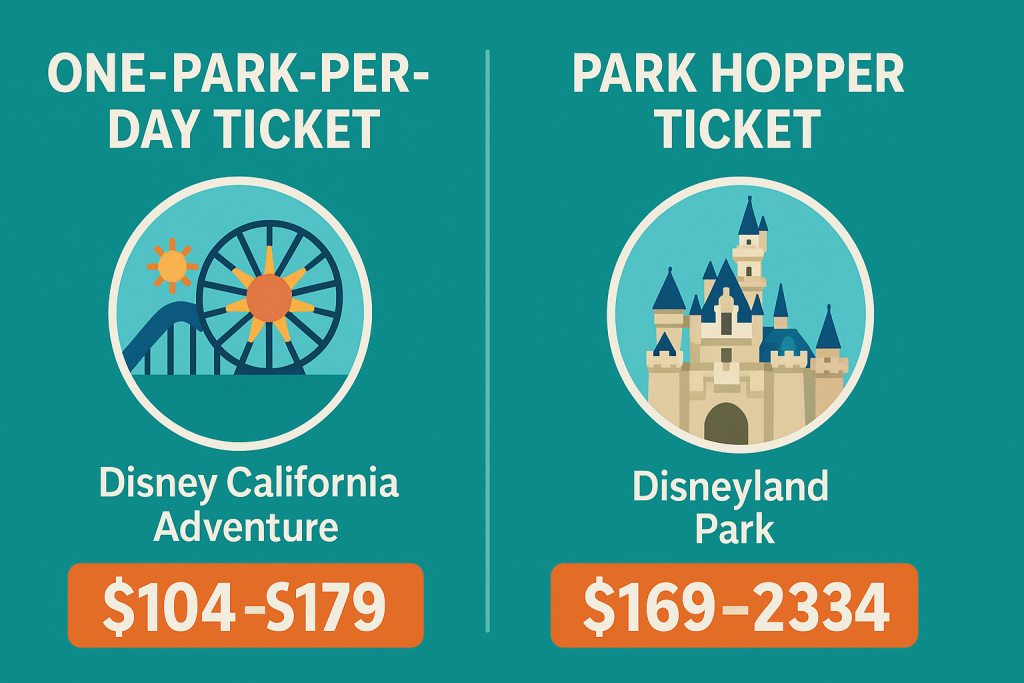 Comparison infographic of Park Hopper and One-Park-Per-Day tickets at California Adventure