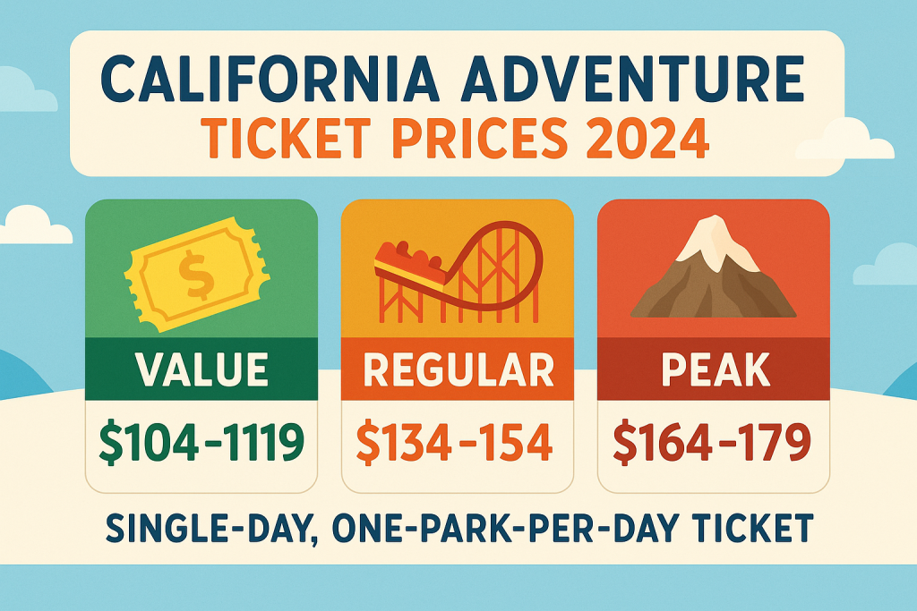 Infographic of 2024 California Adventure ticket prices with Value, Regular, and Peak tiers