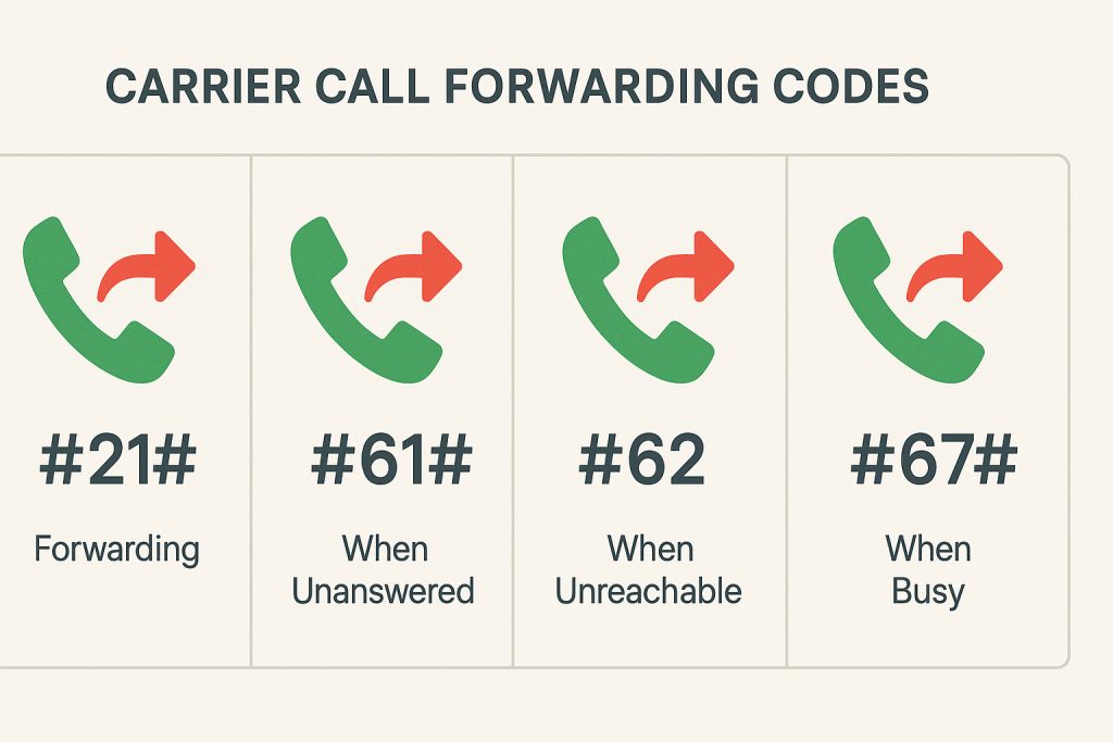 Infographic showing common call forwarding USSD codes