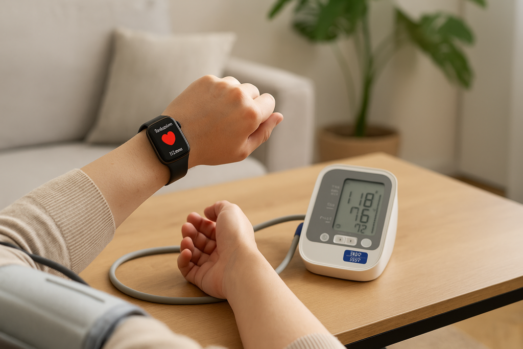Person using smartwatch and digital monitor to track heart rate and blood pressure at home