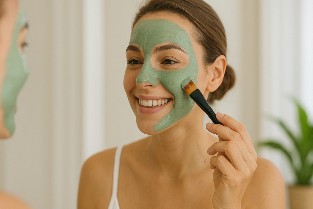 Woman applying clay mask to control oily skin