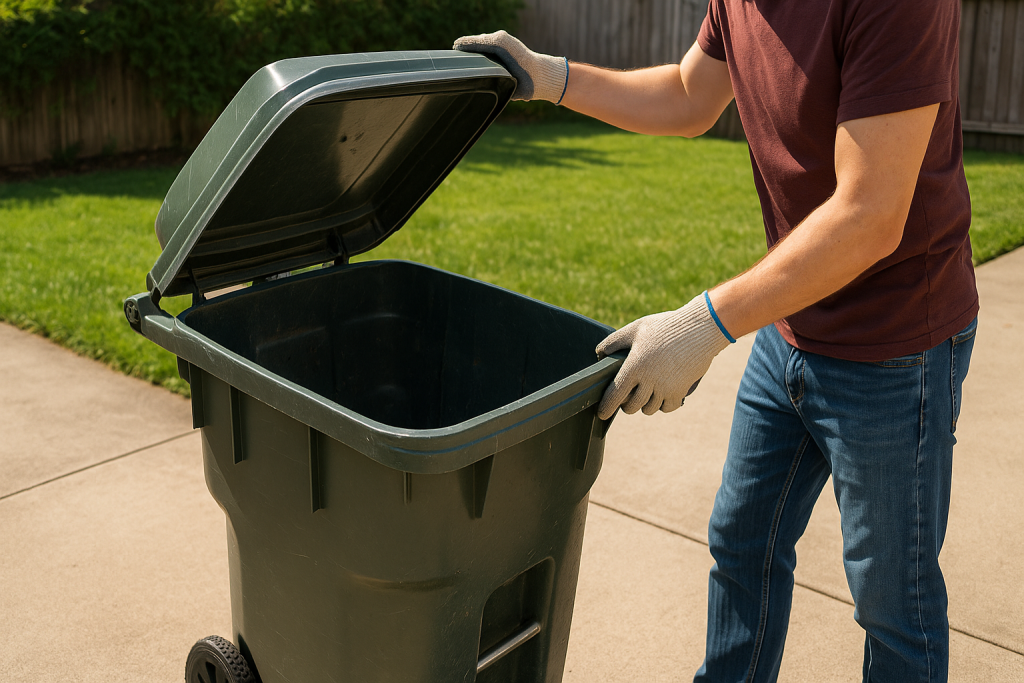 Person wearing gloves emptying and inspecting outdoor garbage can
