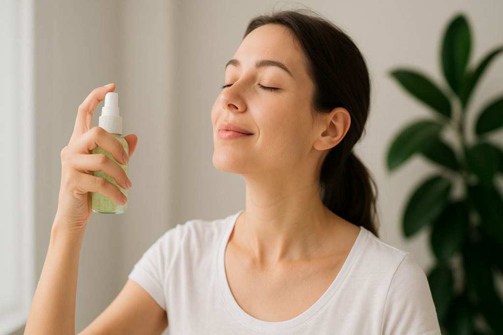 Woman using refreshing cucumber mist for hydration