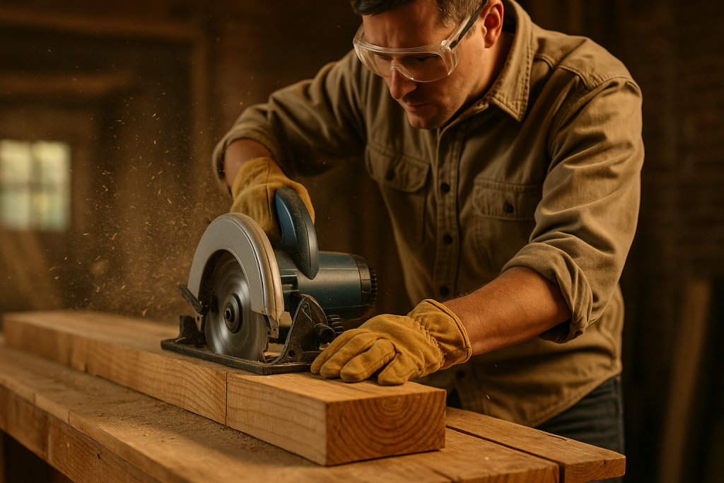 Person cutting wood plank with circular saw for outdoor table project