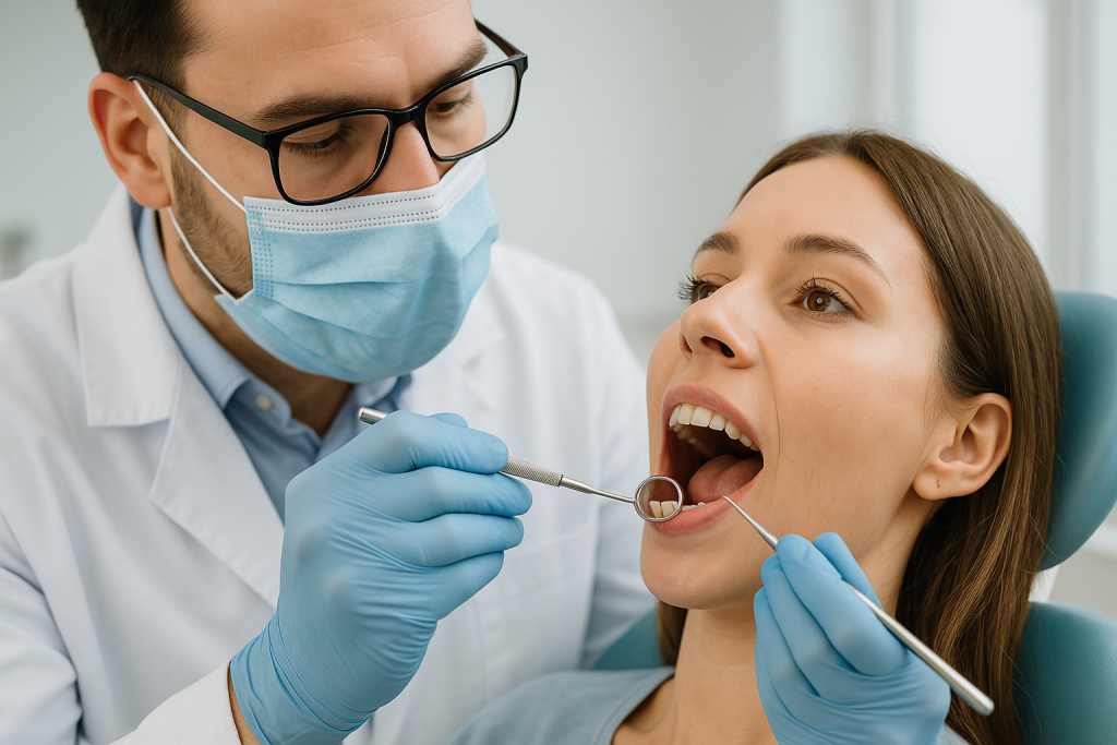 Dentist checking patient’s gums during professional dental exam