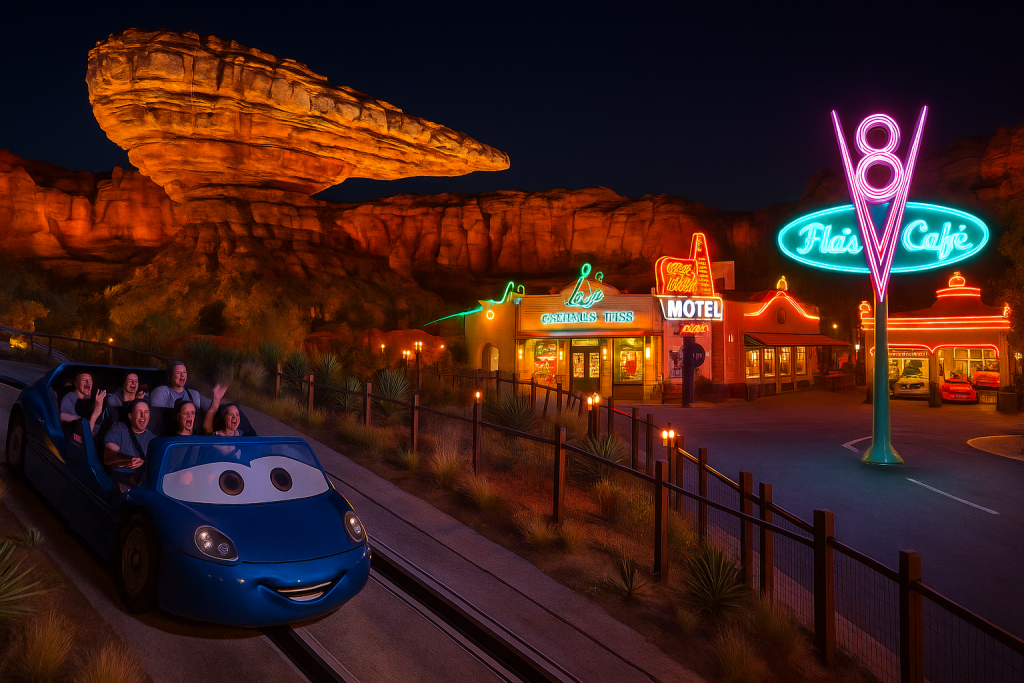 Cars Land at Disney California Adventure with Radiator Springs Racers and neon lights