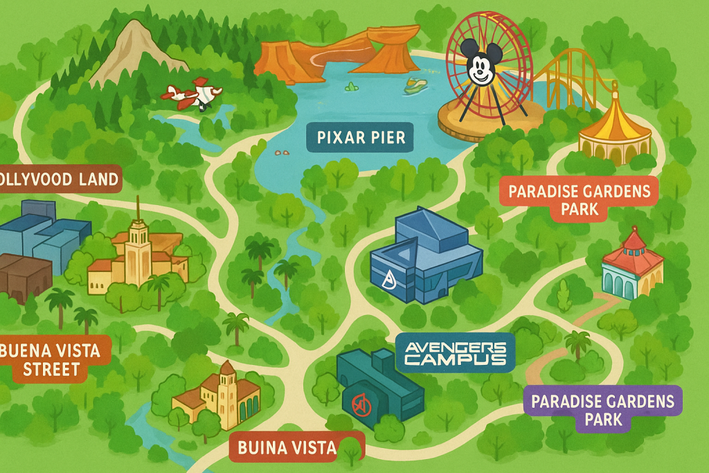 Illustrated map of Disney California Adventure with seven themed lands labeled