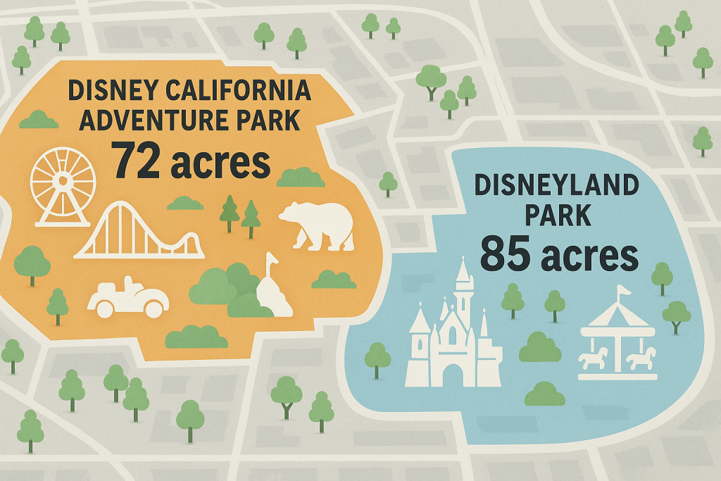 Infographic showing Disney California Adventure’s 72 acres compared to Disneyland Park’s 85 acres.