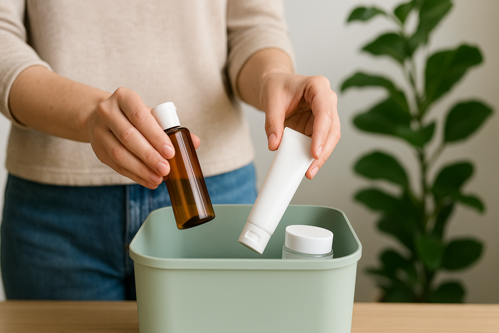 Disposing expired skincare products in recycling bin safely