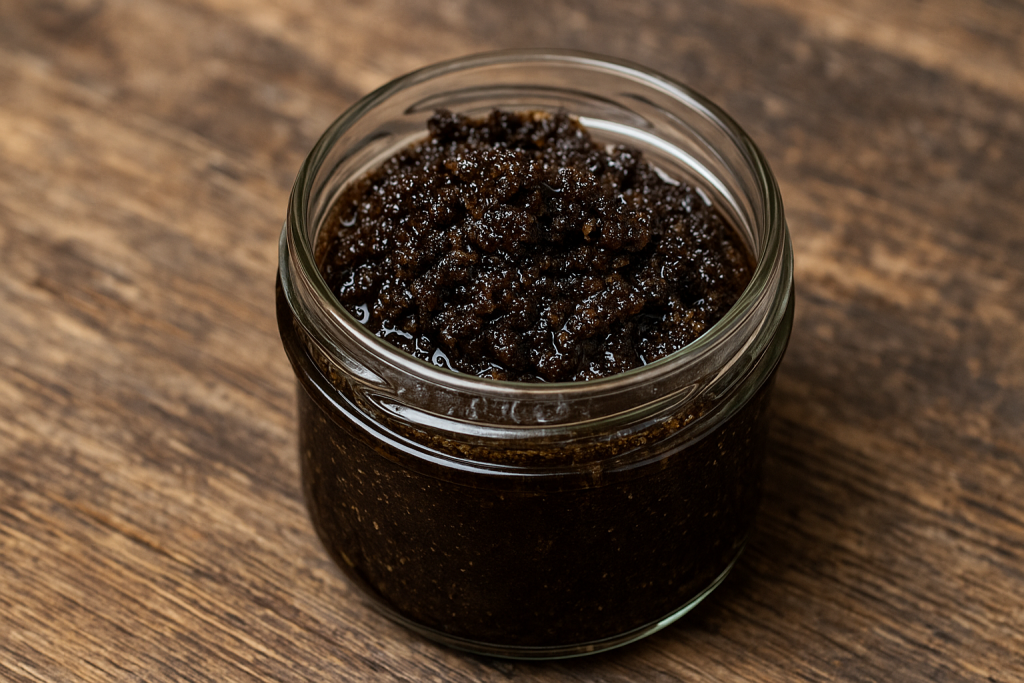 Jar of homemade coffee scrub with coconut oil and sugar