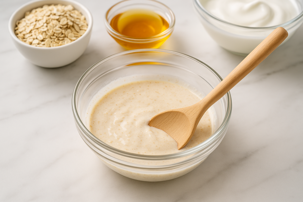 Mixing oats, honey, and yogurt to make a gentle oatmeal facial cleanser