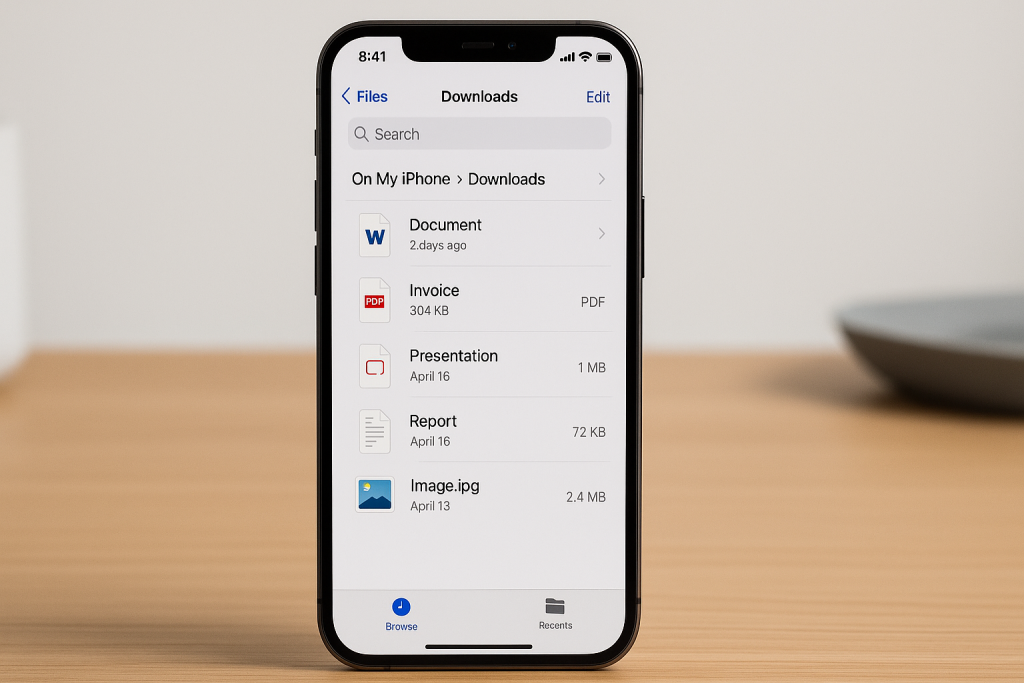 iPhone Files app open on Downloads folder with saved files
