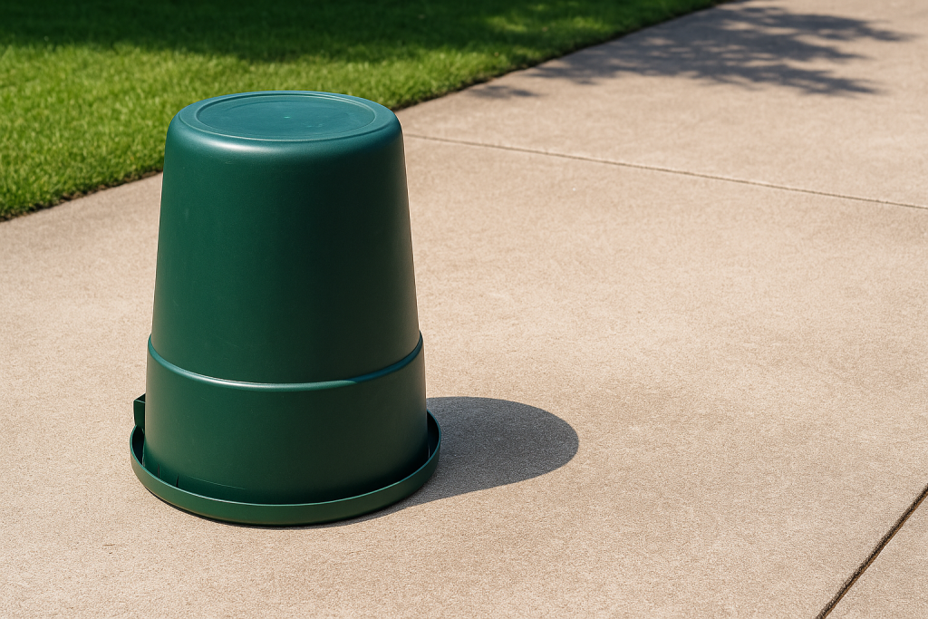 Clean garbage can drying in sunlight after washing