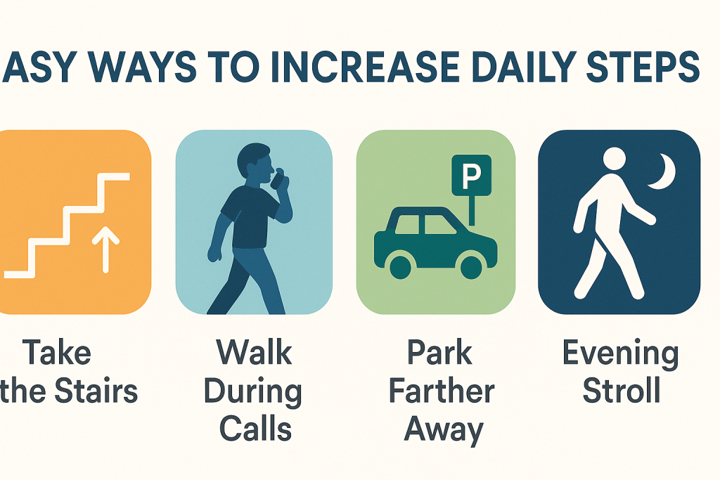 Infographic of easy tips to add more daily steps, such as stairs and walking breaks
