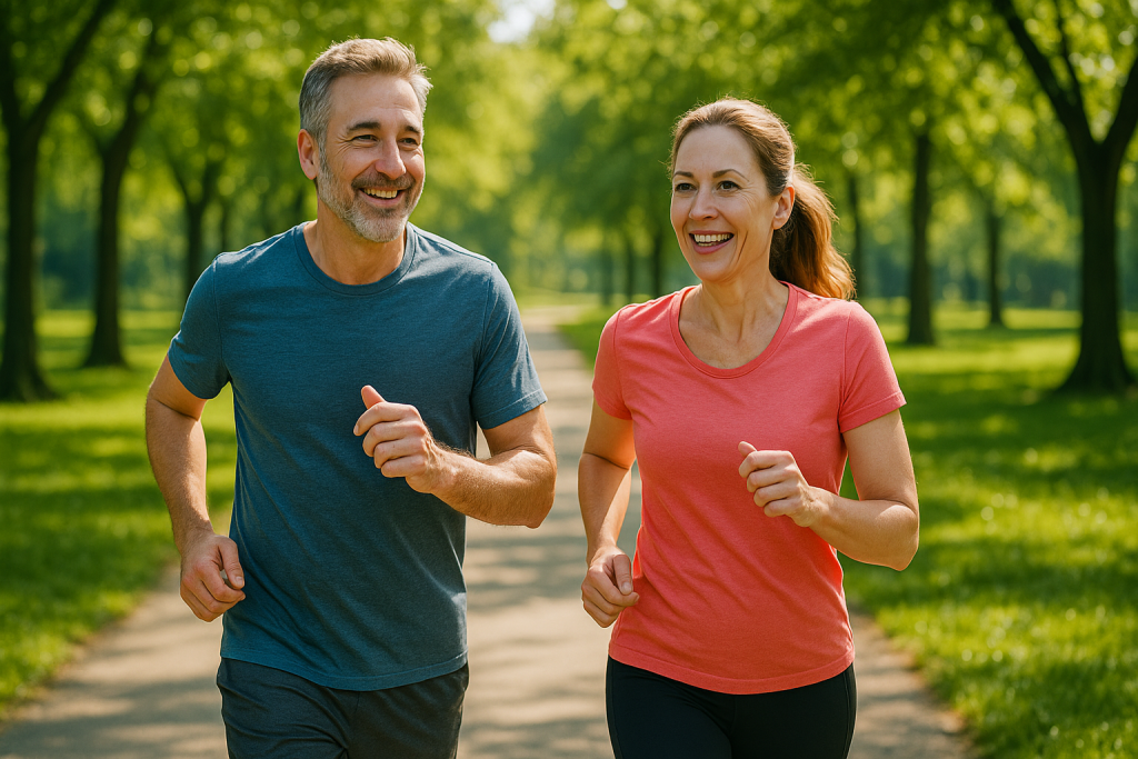 Active adults jogging in a park, showing good cardiovascular health