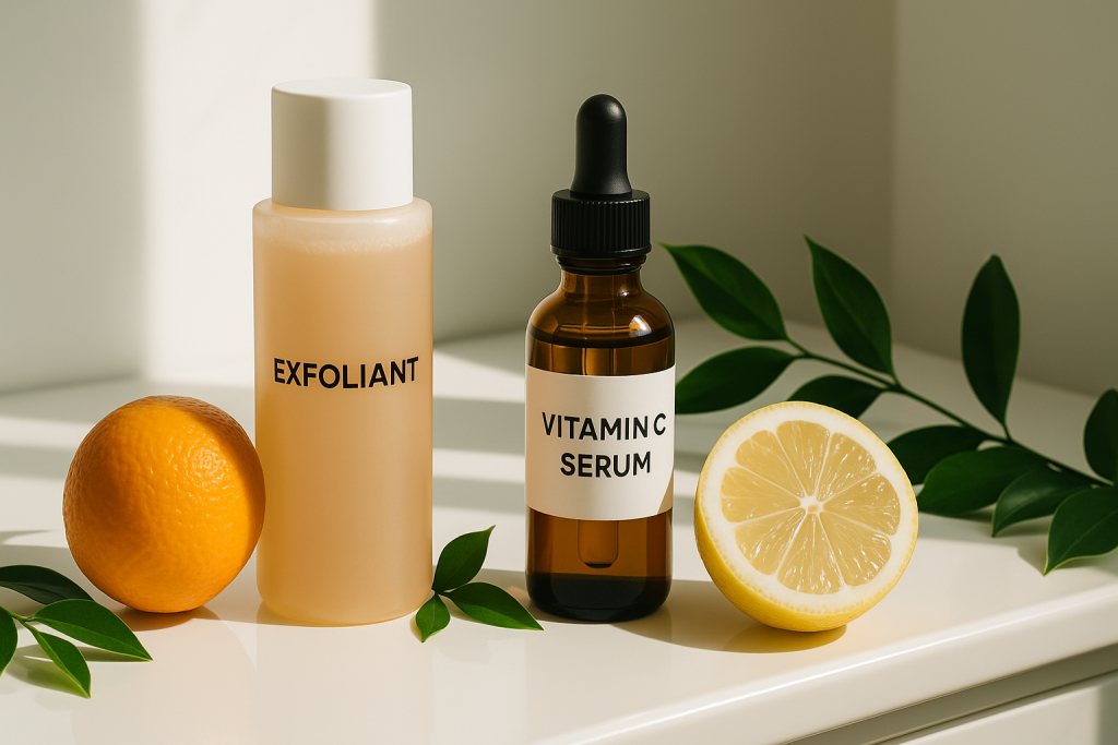 Exfoliant and Vitamin C serum skincare products on vanity