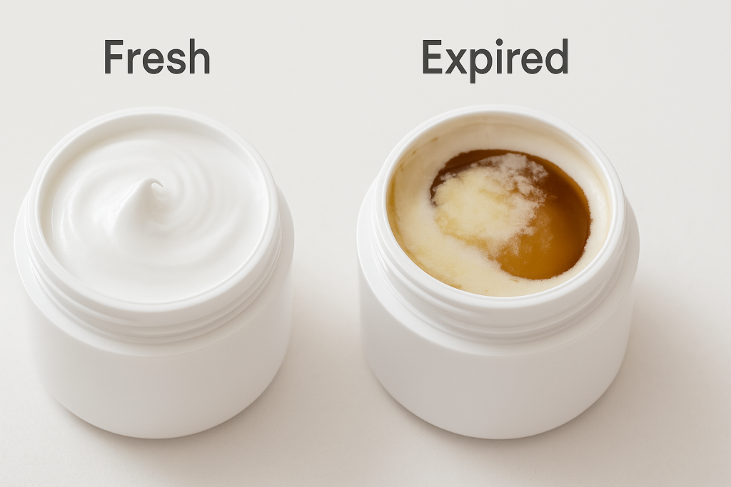 Comparison of fresh skincare cream and expired cream with color change