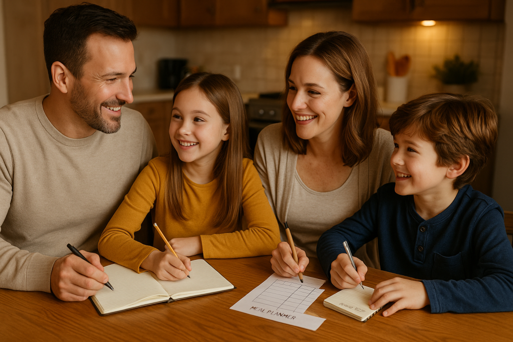 Family planning weekly healthy meals with a grocery list at the kitchen table