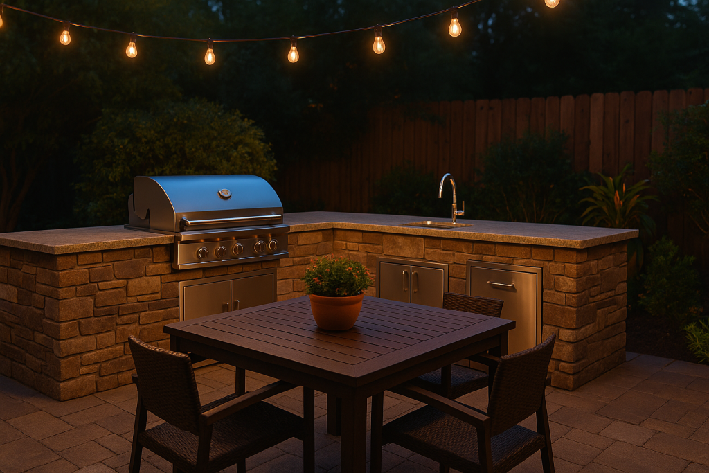 Finished outdoor kitchen with grill, counter, and dining area
