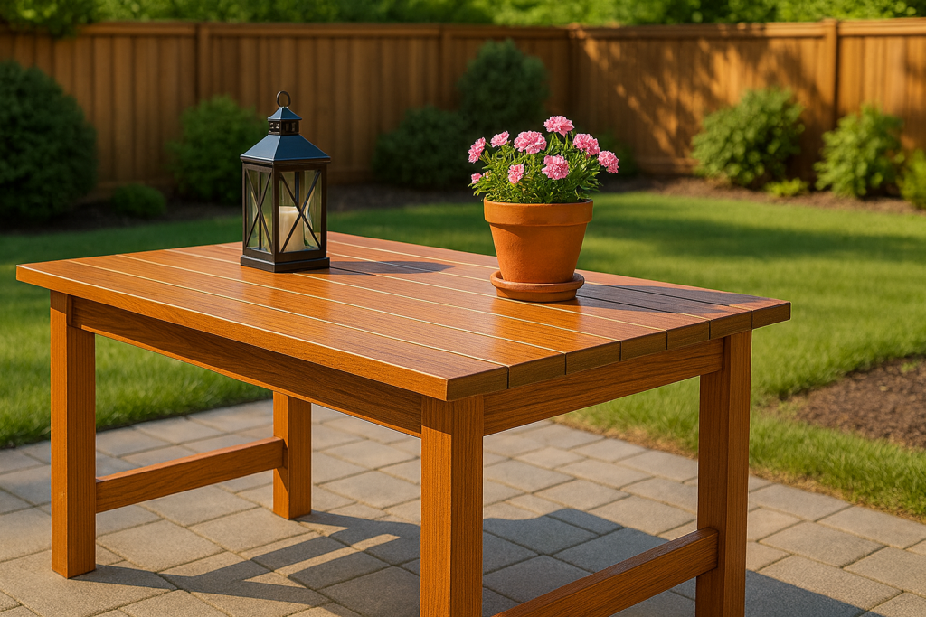 Finished outdoor wooden table on patio with protective finish