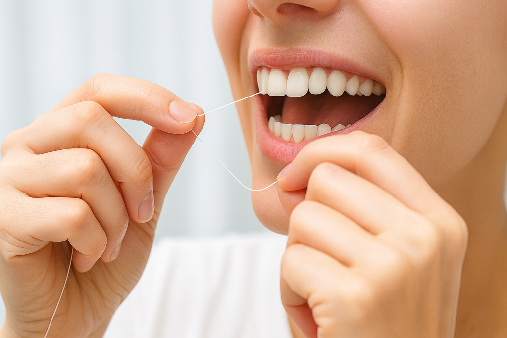 Hands flossing teeth to remove plaque and protect gums