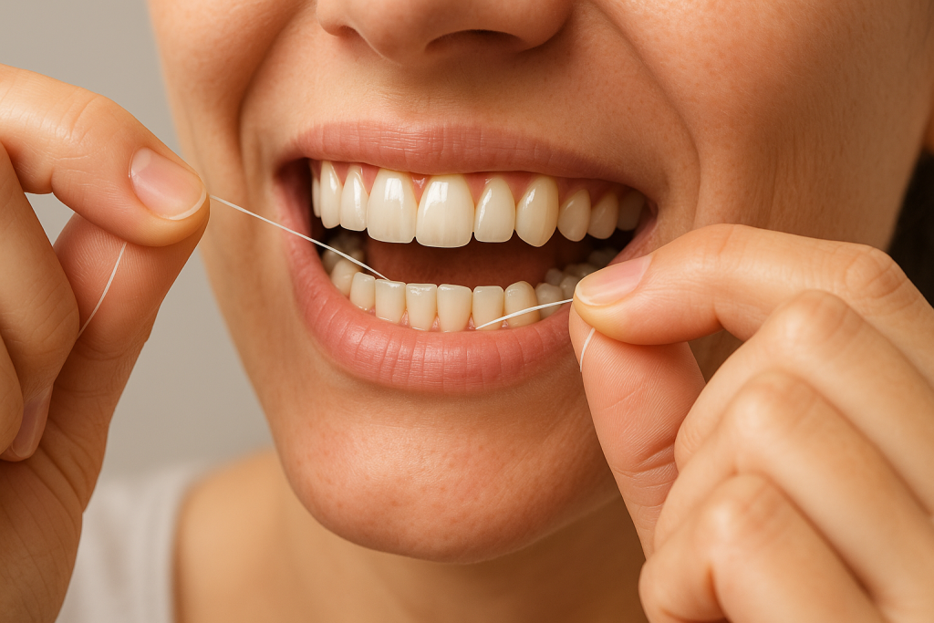 Hands flossing teeth with proper C-shape technique for gum health