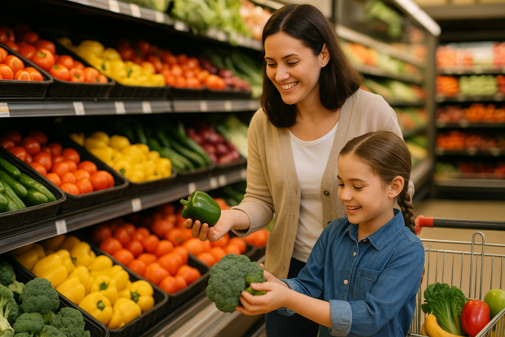Parent and child choosing fresh fruits and vegetables at the grocery store