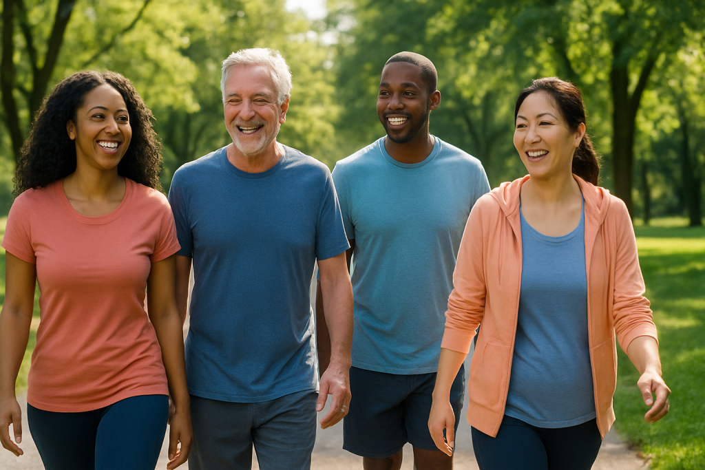 People walking together in a park, representing the health benefits of daily steps