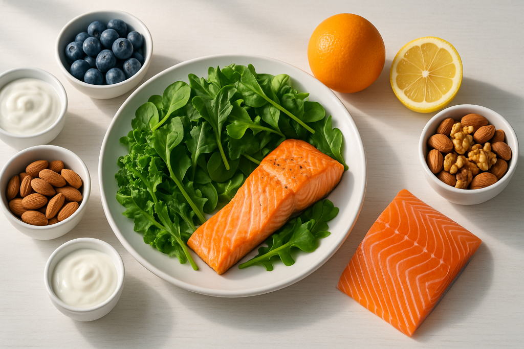 Healthy foods rich in vitamins and nutrients supporting gum health