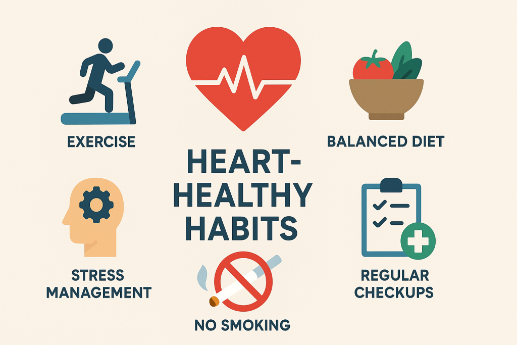 Infographic showing exercise, diet, stress control, and checkups for heart health