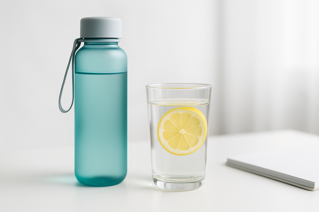 Reusable bottle and glass of lemon water for daily hydration
