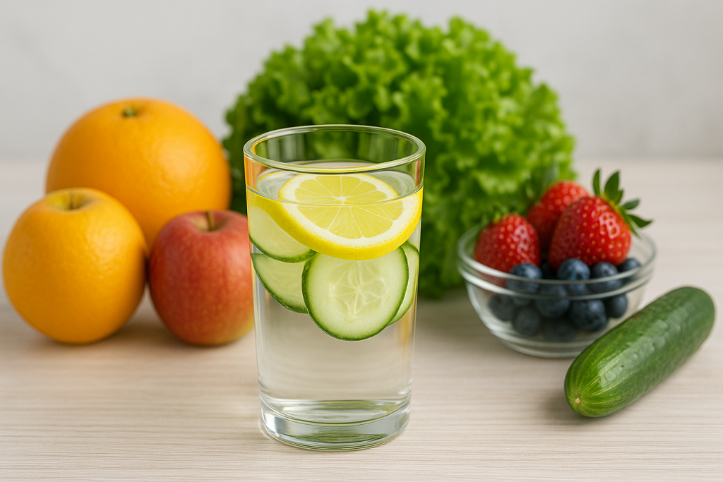 Glass of water with lemon and cucumber supporting skin elasticity