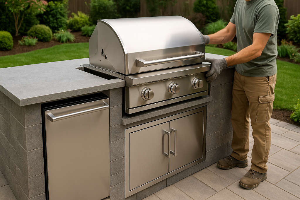 Stainless steel grill and refrigerator installed in outdoor kitchen