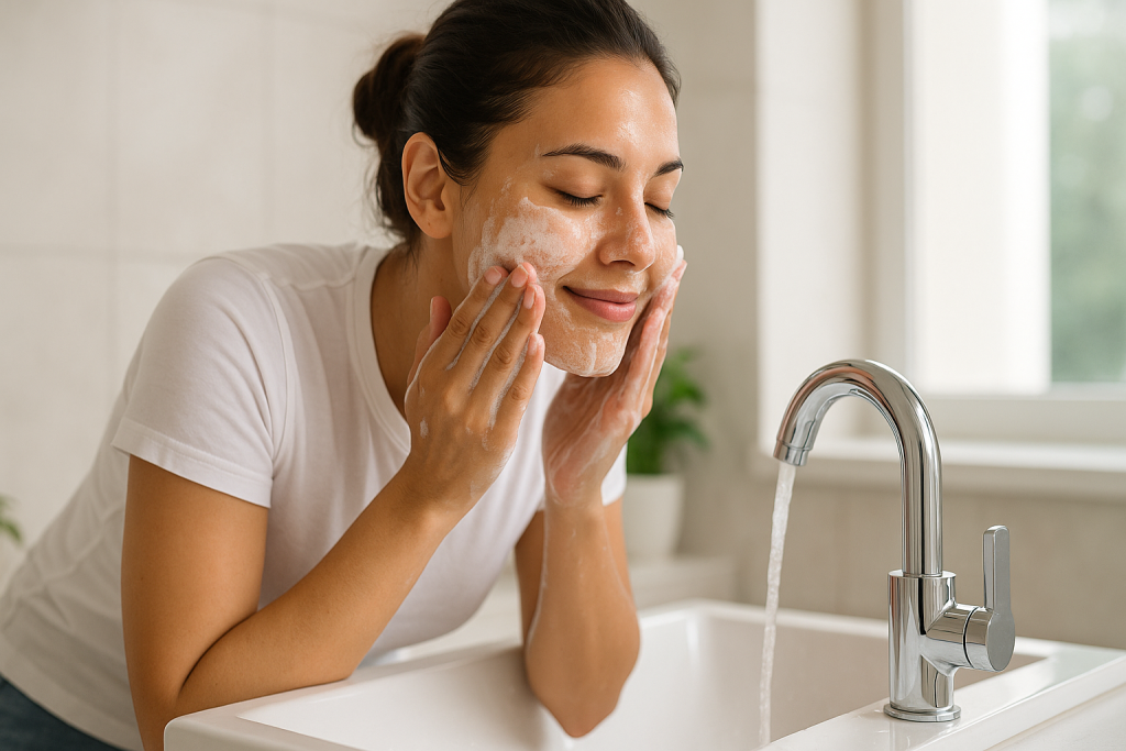 Woman cleansing face with gentle foaming cleanser for oily skin