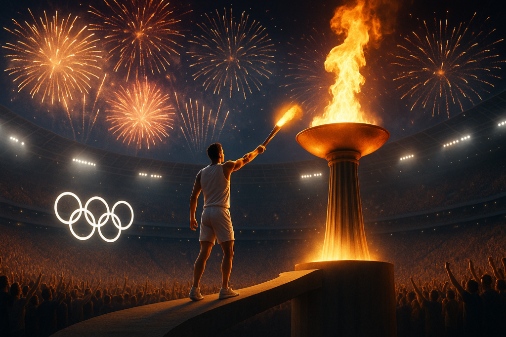 Final torchbearer lighting the Olympic cauldron at opening ceremony.