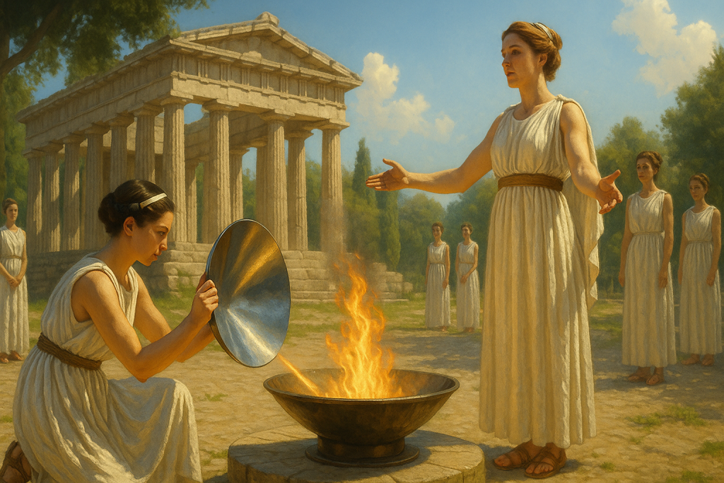 Ancient Greek priestesses lighting the Olympic flame at Olympia